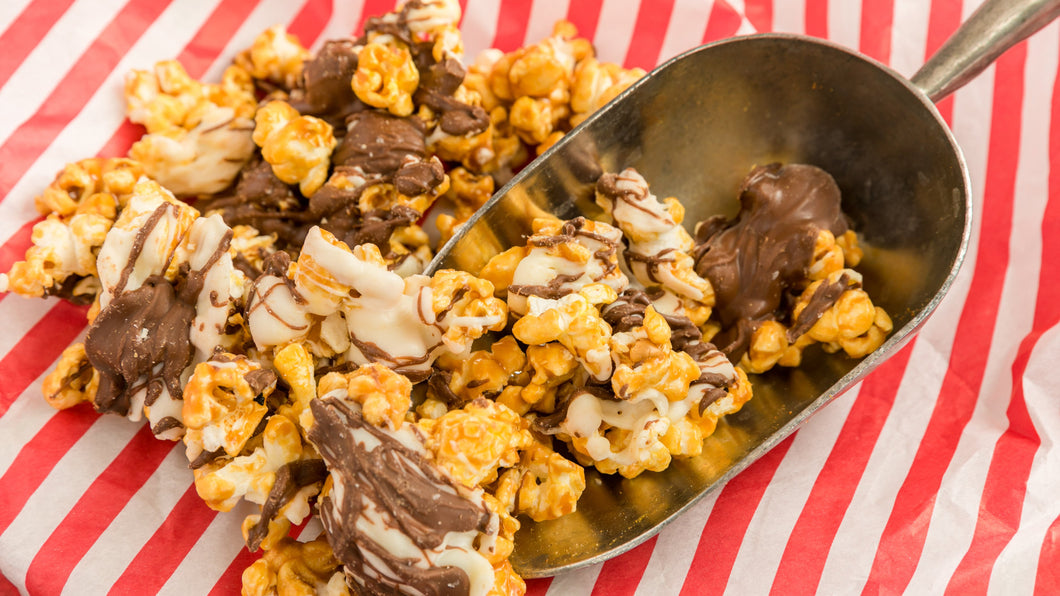 Caramel Drizzle Delight - Milk and White Chocolate Drizzle Over Caramel Popcorn